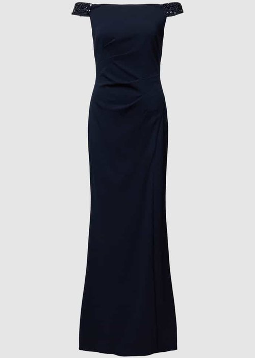 Adrianna Papell avondjurk met carmenhals marineblauw