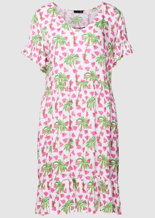 Smashed Lemon knielange jurk van viscose met volantmouwen felroze